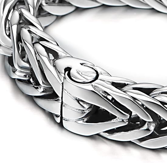 COOLSTEELANDBEYOND Masculine Style Wide Curb Chain Bracelet Stainless Steel Silver Color for Men