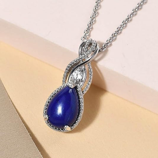 SHOP LC Stainless Steel 925 Sterling Silver Platinum Lapis Lazuli and White Topaz Pendant Necklace Delicate Jewelry Size 20" Unique Birthday Gifts for Women