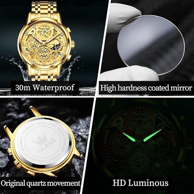 OLEVS Skeleton Watch Men Luxury Analog Mens Watches Large Face Waterproof Dress Watches for Men Diamond Chronograph Stainless Steel Men's Wrist Watch Reloj para Hombre Gold