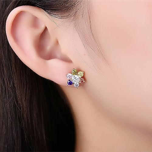 Colored Cubic Zirconia Stud Earrings for Women,14K Gold Plated Crystal Flower Exquisite Earring for Mother, Ladies, Girls