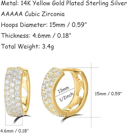 Carleen 14K Gold Plated Sterling Silver Hoop Earrings Pave Set Stunning Cubic Zirconia CZ Simulated Diamond Small Thick Sparkle Silver Hoop Earrings Fine Jewelry