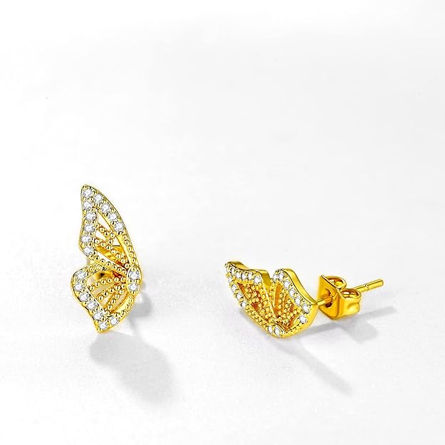 Luxval Butterfly Wing Earrings，18K Gold Plated CZ Simulated Diamond Silver Stud Earrings, Tiny Butterfly Cartilage Earrings for women,Gold Stud Earrings for Girls