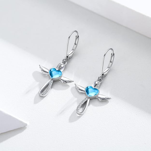 Midir&Etain Lever Earrings 925 Sterling Silver Birthstone Angel Wings Cross Earrings Crystal Jewelry Birthday Gifts for Women