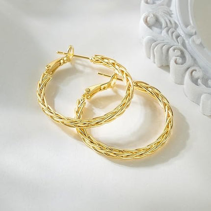 14K Gold Hoop Earrings for Women Trendy Thick Twisted Hoops Earring Fine Weave Design 14K Gold Earrings for Womens Hypoallergenic Earrings Jewelry for Women 30MM