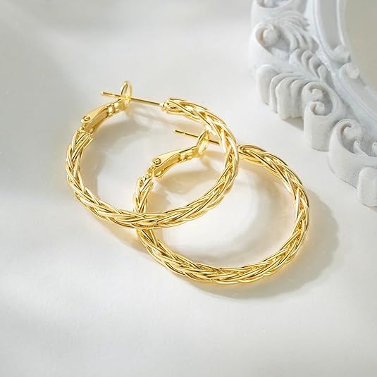 14K Gold Hoop Earrings for Women Trendy Thick Twisted Hoops Earring Fine Weave Design 14K Gold Earrings for Womens Hypoallergenic Earrings Jewelry for Women 30MM