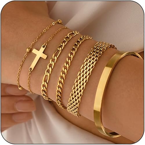 Gold Bracelets for Women Dainty Non Tarnish Link Chain Bracelets Set for Women Trendy Adjustable Chunky Thin Bracelets Stack Layered With Cuff Beaded Cuban Rope CZ Heart Cross Jewelry Gifts