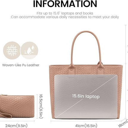 LOVEVOOK Laptop Tote Bag for Women 15.6 Inch, Woven-like Work Tote Briefcase for Business with Small Clutch, Apricot