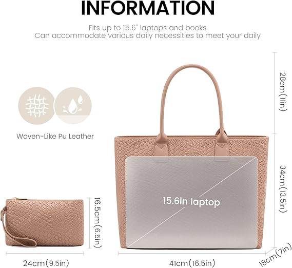 LOVEVOOK Laptop Tote Bag for Women 15.6 Inch, Woven-like Work Tote Briefcase for Business with Small Clutch, Apricot