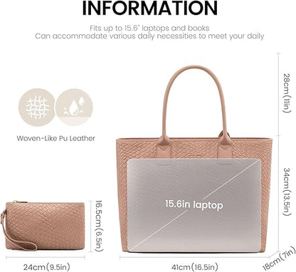 LOVEVOOK Laptop Tote Bag for Women 15.6 Inch, Woven-like Work Tote Briefcase for Business with Small Clutch, Apricot