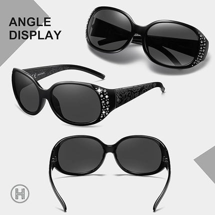 HAOLOTA Polarized Sunglasses for Women, Rhinestone Wrap Around Sunglasses with UV400 Protection