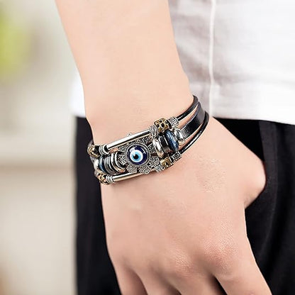 Evil Eye Bracelets for Men, Protection Bracelet Black Leather Bracelet Wristband Beaded Bracelet