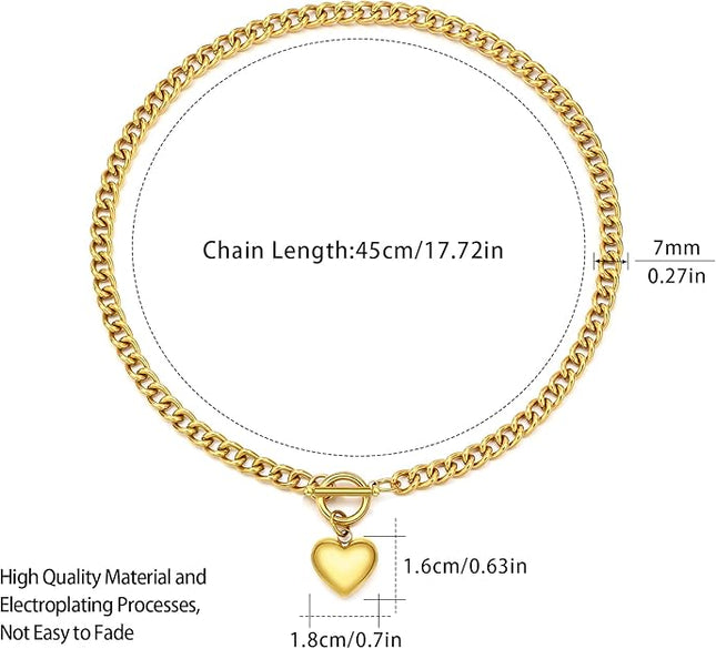 FEEL STYLE Chunky Gold Necklace for Women - 18K Gold Plated Heart Lock Charm Necklace - Cuban Chain Link U Shaped Bamboo Paperclip Choker Necklace - Statement Jewelry Gifts for Women