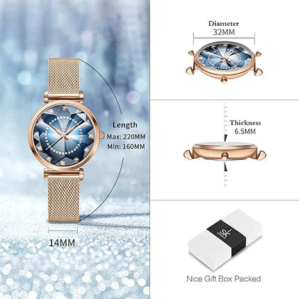 SK Ultra Thin Minialist Creative Starry Sky Women Watch with Genuine Leather Stainless Steel Mesh Band Floral Watch