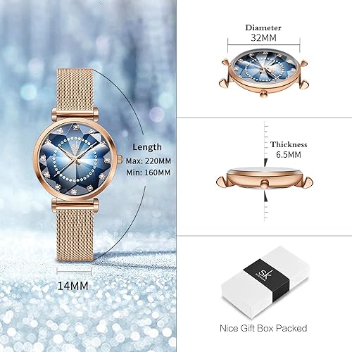SK Ultra Thin Minialist Creative Starry Sky Women Watch with Genuine Leather Stainless Steel Mesh Band Floral Watch