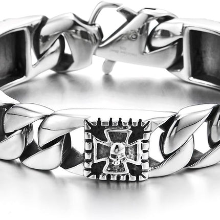 COOLSTEELANDBEYOND Mens Stainless Steel Curb Chain Bracelet with Cross and Skull, Biker Gothic, Vintage Polished