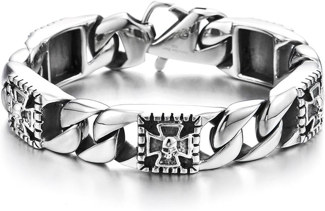 COOLSTEELANDBEYOND Mens Stainless Steel Curb Chain Bracelet with Cross and Skull, Biker Gothic, Vintage Polished