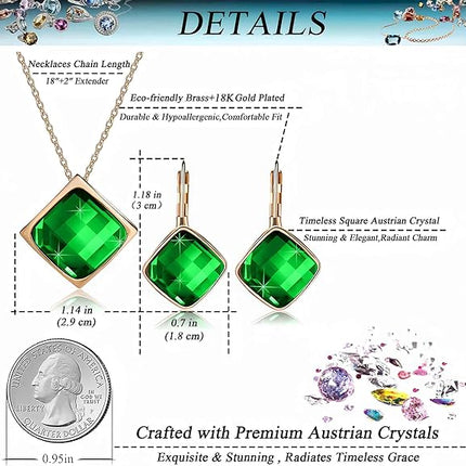 EVEVIC Square Austrian Crystal Necklace Earrings for Women Fashion 18K Gold Plated Hypoallergenic Jewelry Set