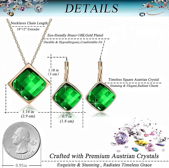 EVEVIC Square Austrian Crystal Necklace Earrings for Women Fashion 18K Gold Plated Hypoallergenic Jewelry Set