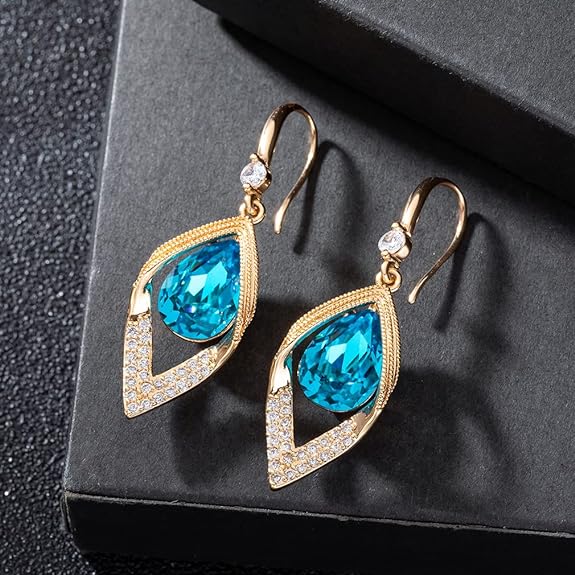 Austrian Crystal Teardrop Hollow Leaf Drop Dangle Earrings for Women 14K Rose Gold Plated Hypoallergenic Jewelry