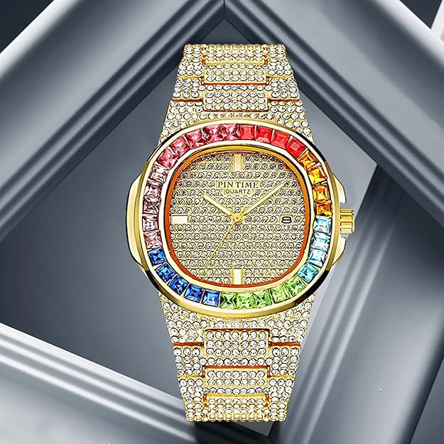 Luxury Bling-ed Out Colorful Full Diamond Watches Fashion Quartz Analog Stainless Steel Band Bracelet Wrist Watch