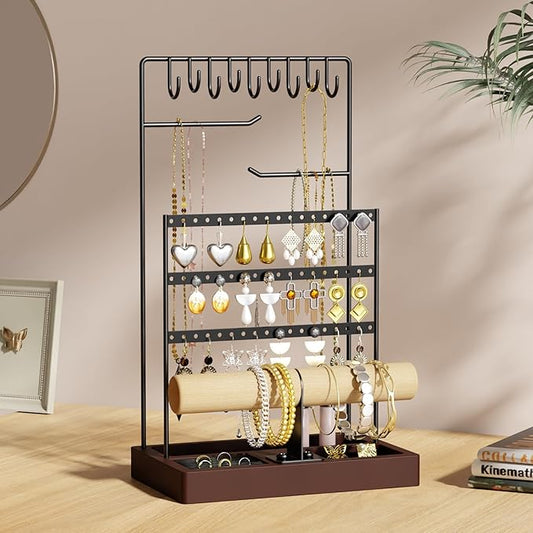 niffgaff Jewelry Holder Earring Display Stand: Jewelry Organizer Stand Earring Display Bulk Earring Storage Bracelet Organizer Wooden Base