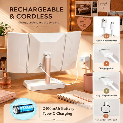 Makeup Mirror with Lights, Rechargeable Trifold 1X/2X/3X Magnification