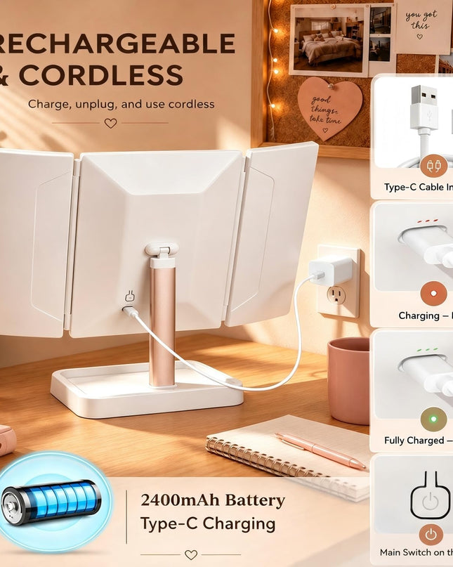Makeup Mirror with Lights, Rechargeable Trifold 1X/2X/3X Magnification