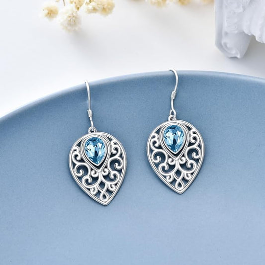 Teardrops Earrings 925 Sterling Silver Filigree With Blue Cubic zirconia Teardrops Dangle Drop Hook Earrings for Women and Teen Girls