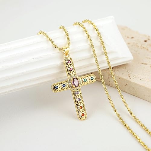 HZMAN Gold Cross Necklace for Women 18K Gold Plated Necklace Dainty Retro Cubic Zirconia Cross Necklace Pendant Jewelry Gift