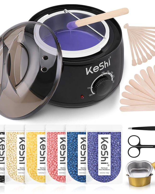 KeShi Waxing Kit, Painless Hair Removal Wax Warmer with 6 Bags Hard Wax Beans for Full Body, Legs, Face, Eyebrows & Bikini— Ideal for Both Women & Men