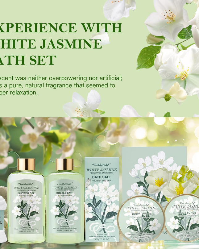 Bath Gift Baskets for Women, 9pc Jasmine Spa Gifts Set for Women, Self Care & Body Relaxing, Birthday Gift Basket, Mother's Day Gifts, Christmas, Anniversary Bath Gift Set