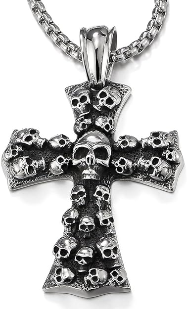 COOLSTEELANDBEYOND Men's Large Gothic Vintage Skulls Cross Pendant Necklace of Steel, Wheat Chain