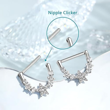 Melighting 14G Star Nipple Rings Steel 316L Nipple Piercing Jewelry Clear CZ Nipple Bars Clicker Nipple Barbell For Women Men 14mm