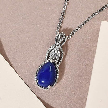 SHOP LC Stainless Steel 925 Sterling Silver Platinum Lapis Lazuli and White Topaz Pendant Necklace Delicate Jewelry Size 20" Unique Birthday Gifts for Women