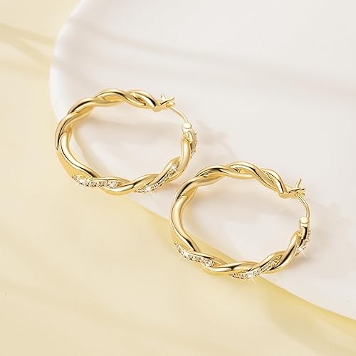 ENROSE Gold Hoop Earrings 14K Gold Earring for Women Twisted Large Hoop Earrings Minimalist Diamond Earring Jewelry 29mm*4mm