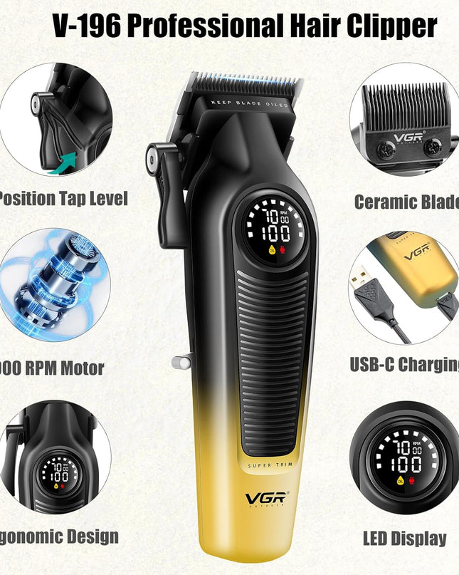 VGR Hair Clippers for Men & Hair Trimmer Set, Cordless Barber Combo with LED Display, Ceramic & Titanium Blades, 7000RPM, Type-C Rechargeable, Home & Professional Hair Cutting Kit, V-196 & 996(Gold)