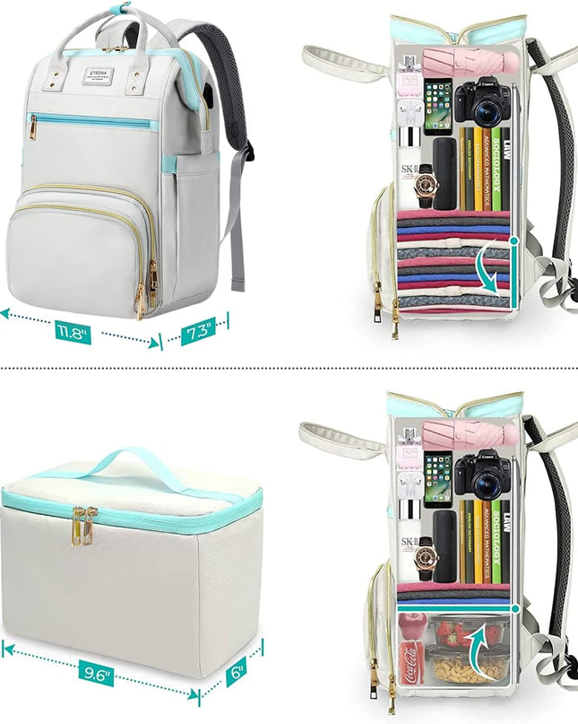 ETRONIK Lunch Backpack, 15.6 Inch Laptop Backpack with USB Port, Stylish Nurse, Teacher Work Bag with Insulated Cooler Lunch Box for Women /Travel, Grey Blue