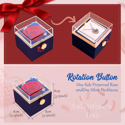 Preserved Real Red Forever Rose Rotating Box with I Love You Necklace 100 Languages,Eternal Flower for Delivery Prime Valentines Day Gifts for Her Women Mom Grandma Wife Girlfriend