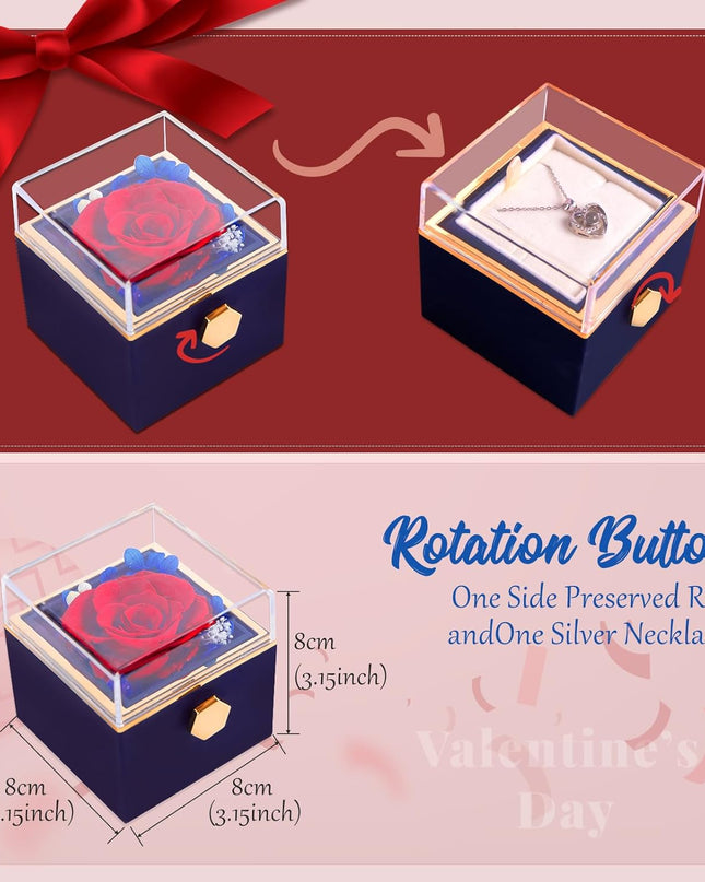 Preserved Real Red Forever Rose Rotating Box with I Love You Necklace 100 Languages,Eternal Flower for Delivery Prime Valentines Day Gifts for Her Women Mom Grandma Wife Girlfriend