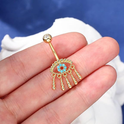 COCHARM Evil Eye Belly Button Rings Dangling Belly Rings Gold Silver Cute Tassel Belly Rings 14g Blue Turquoise Eye Belly Button Ring Stainless Steel Navel Piercing For Women