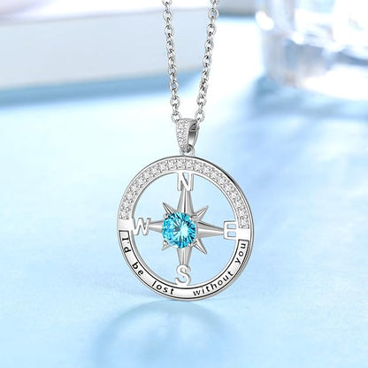 Jewmon 925 Sterling Silver Compass Necklace for Women Graduation Gifts for Her Birthstone Neckalce Charm Compass Birthstone Jewelry Anniversary Birthday Gifts for Daughter Friends Sisters Gifts