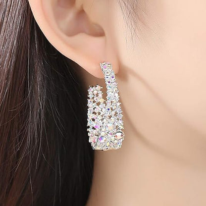 Statement Earrings for Women Bohemian Large Dangle Drop Hoop Earring Girls AB Rhinestone Crystal Sterling Silver Post