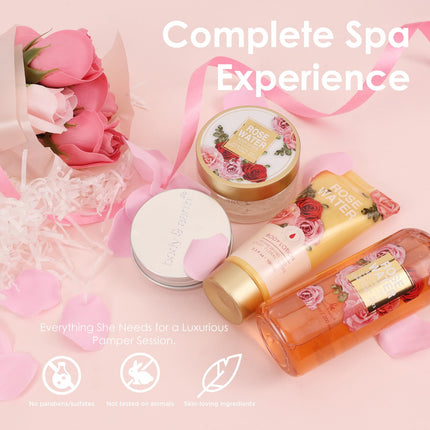 Body & Earth Spa Baskets for Women - 5 Piece Rose Scented Bath Sets with Shower Gel, Body Scrub, Body Lotion, Hand Soap, Mothers Day Gifts for Mom
