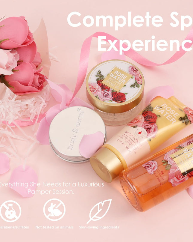 Body & Earth Spa Baskets for Women - 5 Piece Rose Scented Bath Sets with Shower Gel, Body Scrub, Body Lotion, Hand Soap, Mothers Day Gifts for Mom
