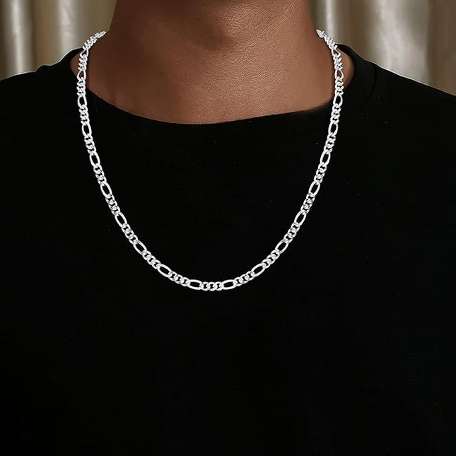 925 Sterling Silver Over Figaro Chain, Dianty Diamond Cut 4mm Silver Chain for Men Jewelry Gifts for Men Father Boyfriends 20 Inches