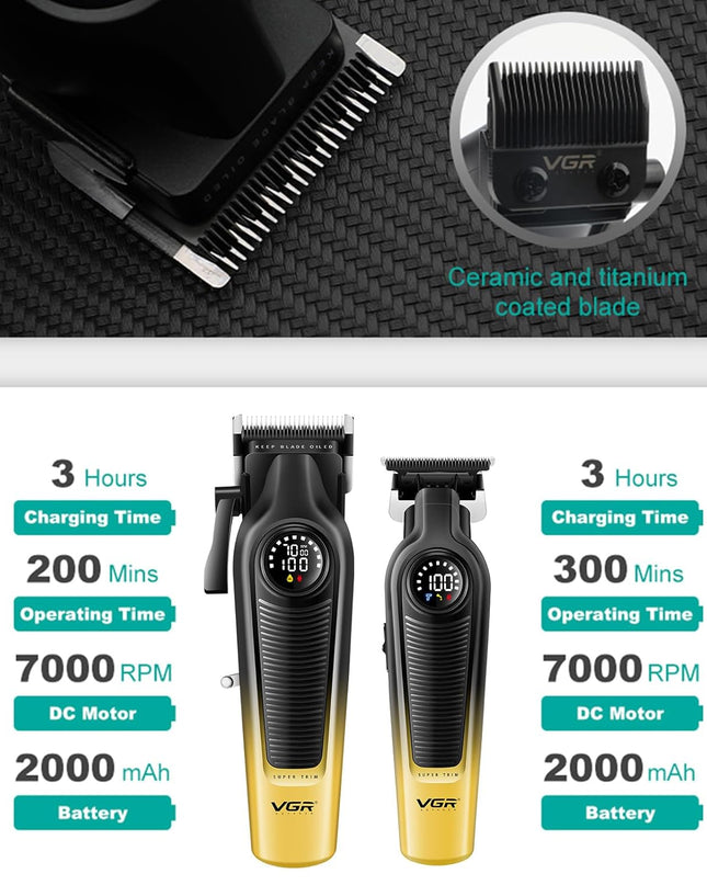 VGR Hair Clippers for Men & Hair Trimmer Set, Cordless Barber Combo with LED Display, Ceramic & Titanium Blades, 7000RPM, Type-C Rechargeable, Home & Professional Hair Cutting Kit, V-196 & 996(Gold)