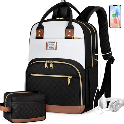 IGOLUMON Backpack for Women 15.6 Inch Laptop Backpack Work Business Backpacks Purse Waterproof Computer College Carry on Backpacks Nurse Bag Backbag 2 Sets Casual Daypack for Travel Black