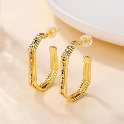 Layered Colorful Hugging Hoop Earrings for Women | 14K Real Gold Plating Hoop Zirconia Earrings | Glamorous Choice for Fashionable Girls