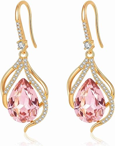 Austrian Crystal Hollow Teardrop Halo Drop Twisted Dangle Earrings for Women 14K Rose Gold Plated Hypoallergenic Jewelry