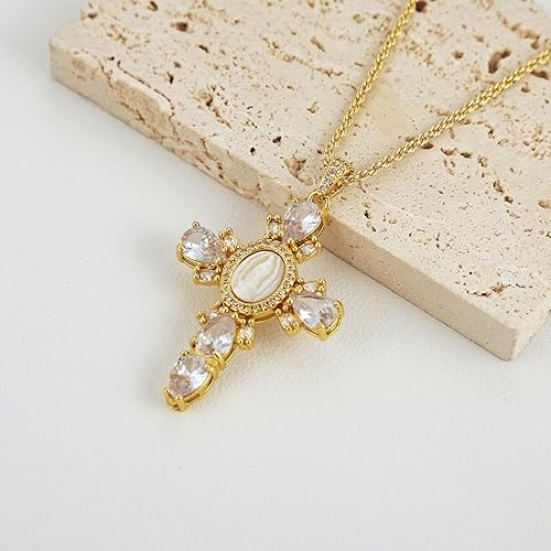HZMAN Gold Cross Necklace for Women 18K Gold Plated Necklace Dainty Virgin Mary Cubic Zirconia Necklace Pendant Jewelry Gift